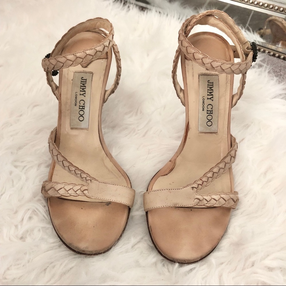 AUTHENTIC Rare Vintage Jimmy Choo Beige Braided Strappy Ankle Heels 37